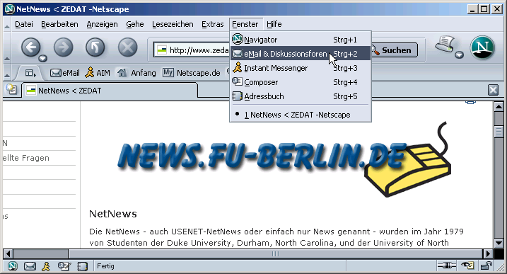 Men&uuml;: Fenster / eMail & Diskussionsforen