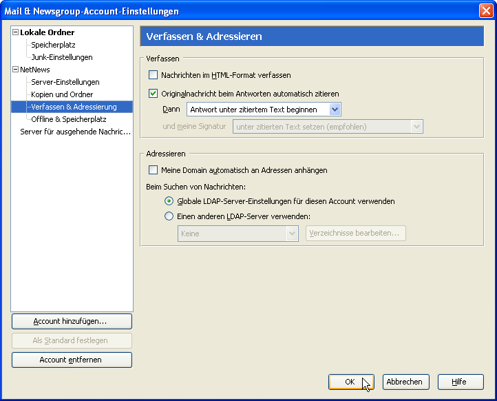 Account-&Uuml;bersicht: Verfassen & Adressierung