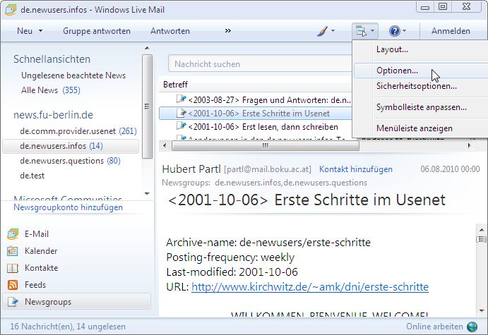 Men&uuml;: Extras / Optionen