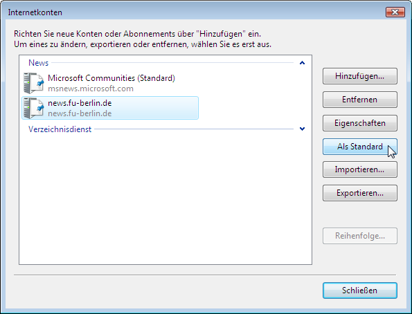 Newsgruppenkonto als Standard w&auml;hlen